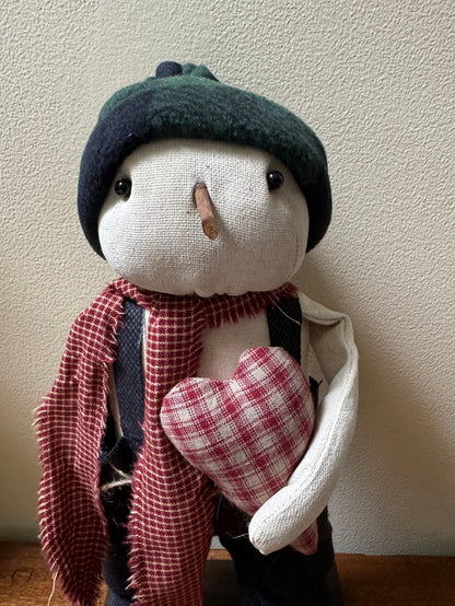 Primitive Handcrafted Christmas Snowman w/ Heart on Stand 13&quot;