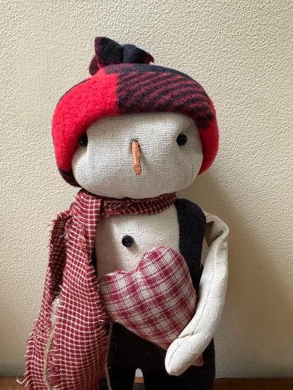 Primitive Handcrafted Christmas Snowman w/ Heart on Stand 13&quot;