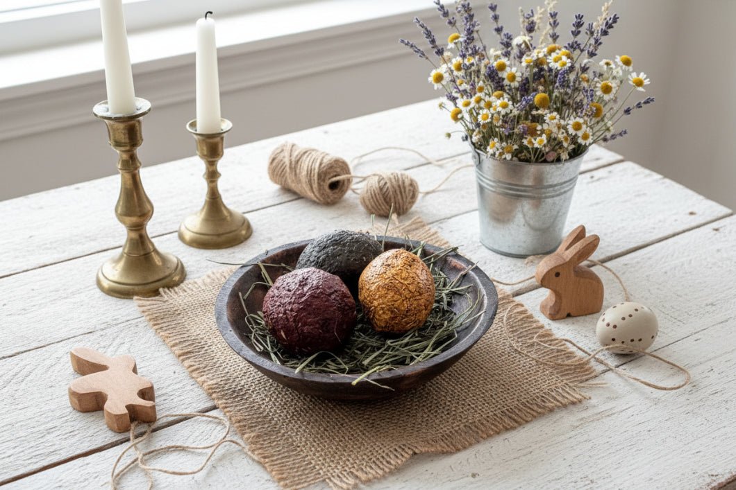 Primitive Colonial Handcrafted Spring 3 pc Jumbo Egg w/ Prim Easter Grass Bowl Filler - The Primitive Pineapple Collection