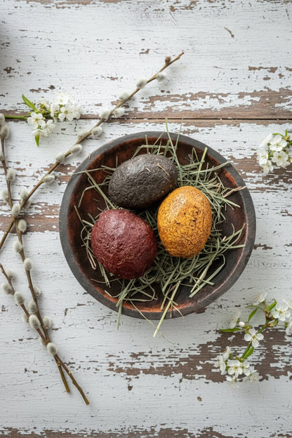 Primitive Colonial Handcrafted Spring 3 pc Jumbo Egg w/ Prim Easter Grass Bowl Filler - The Primitive Pineapple Collection