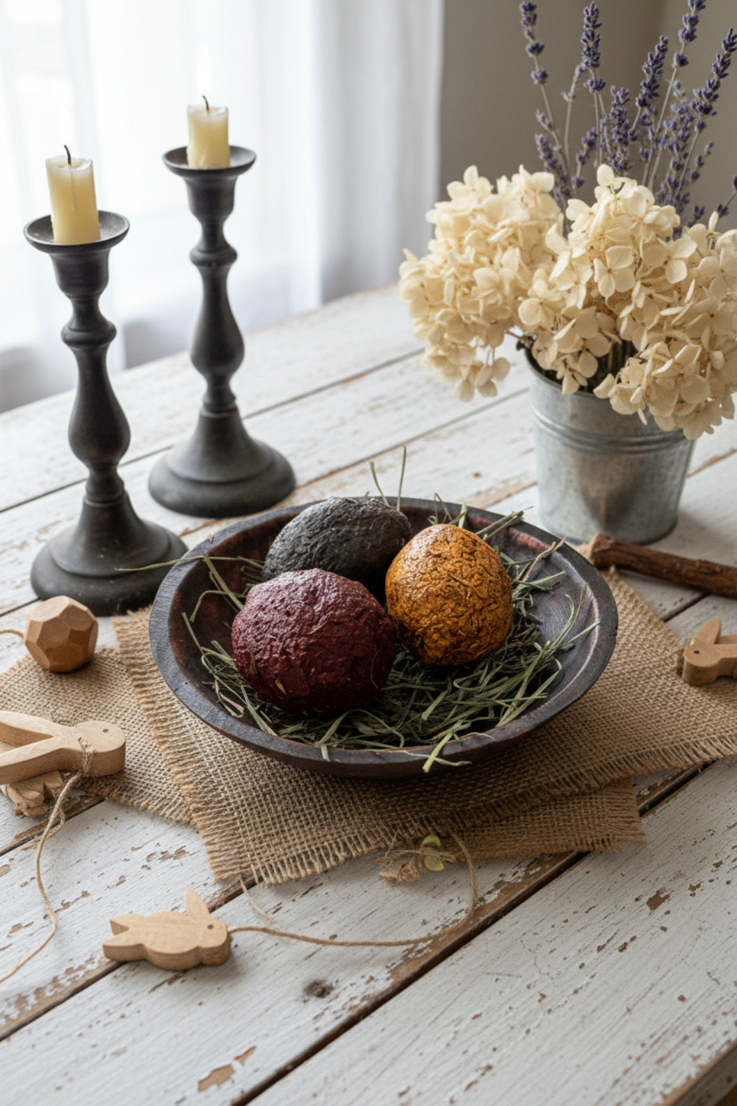 Primitive Colonial Handcrafted Spring 3 pc Jumbo Egg w/ Prim Easter Grass Bowl Filler