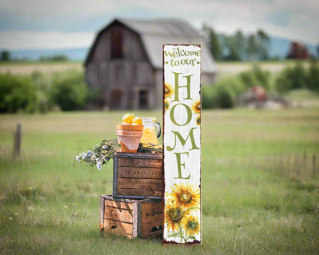 Handcrafted USA Farmhouse &quot;Welcome to Our Home&quot; Sunflower Porch Sign 2 Sizes - The Primitive Pineapple Collection