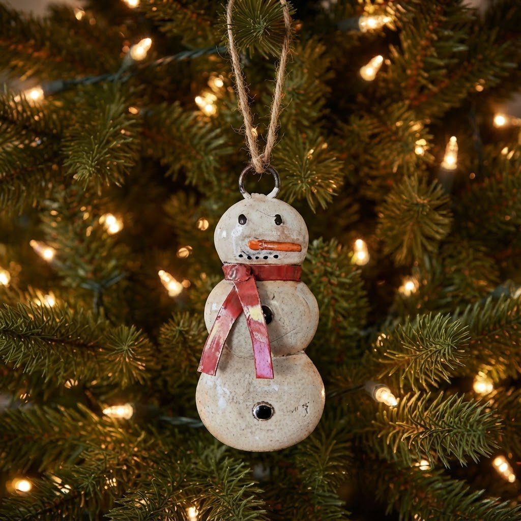 Primitive Christmas Recycled Metal Snowman Ornament with Scarf - The Primitive Pineapple Collection