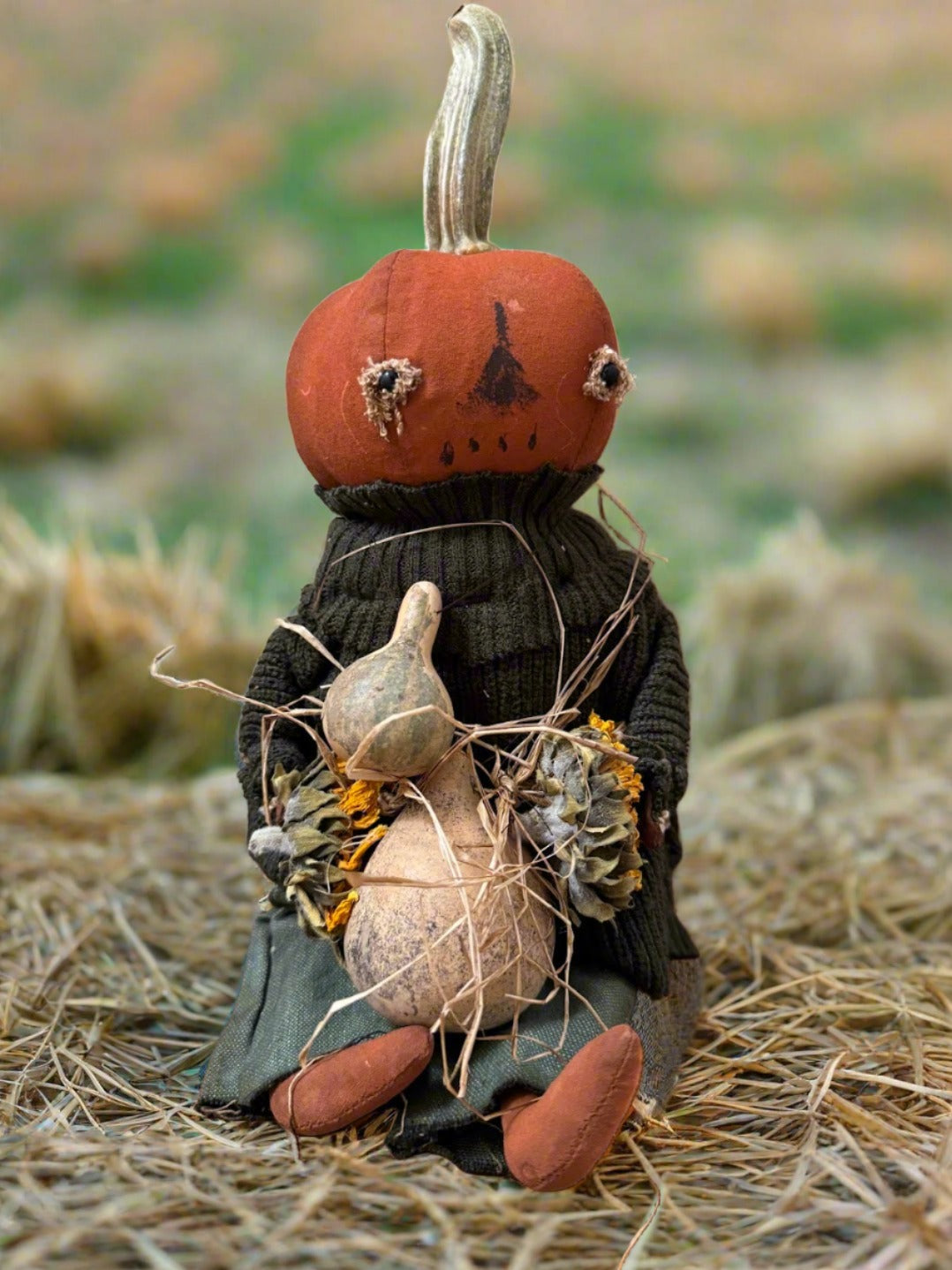 Primitive Handcrafted Pumpkin Doll Harold w/ Dried Gourds 12&quot;