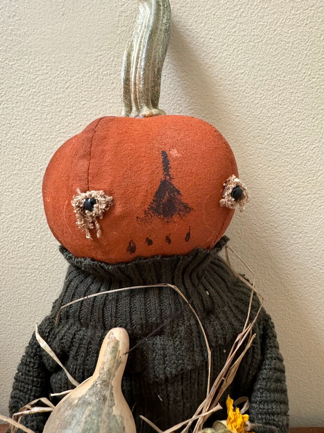 Primitive Handcrafted Pumpkin Doll Harold w/ Dried Gourds 12&quot;