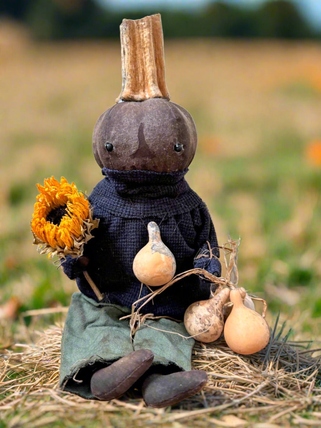 Primitive Handcrafted Pumpkin Doll Henry w/ Dried Gourds /Sunflower 12&quot;