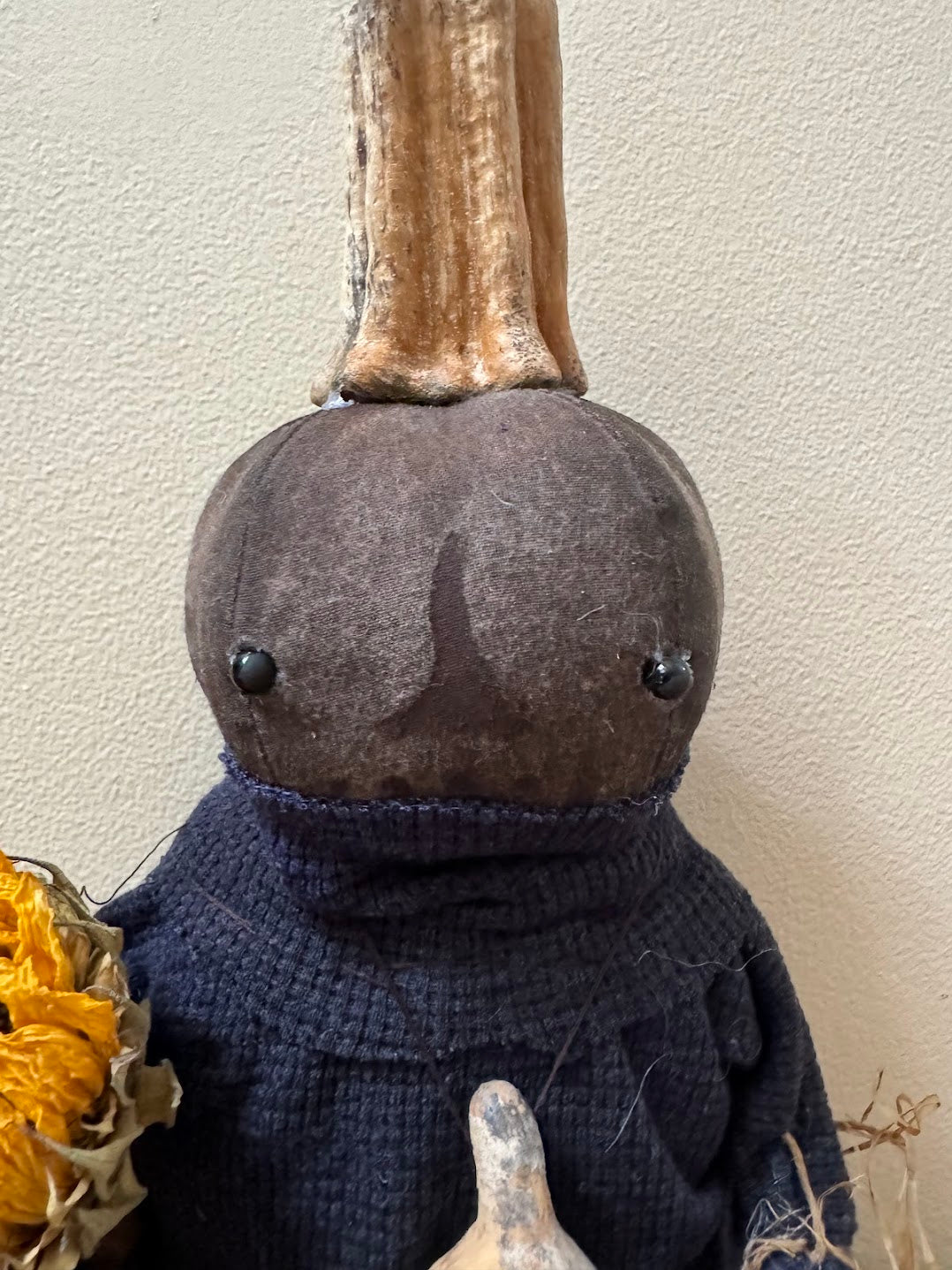 Primitive Handcrafted Pumpkin Doll Henry w/ Dried Gourds /Sunflower 12&quot;