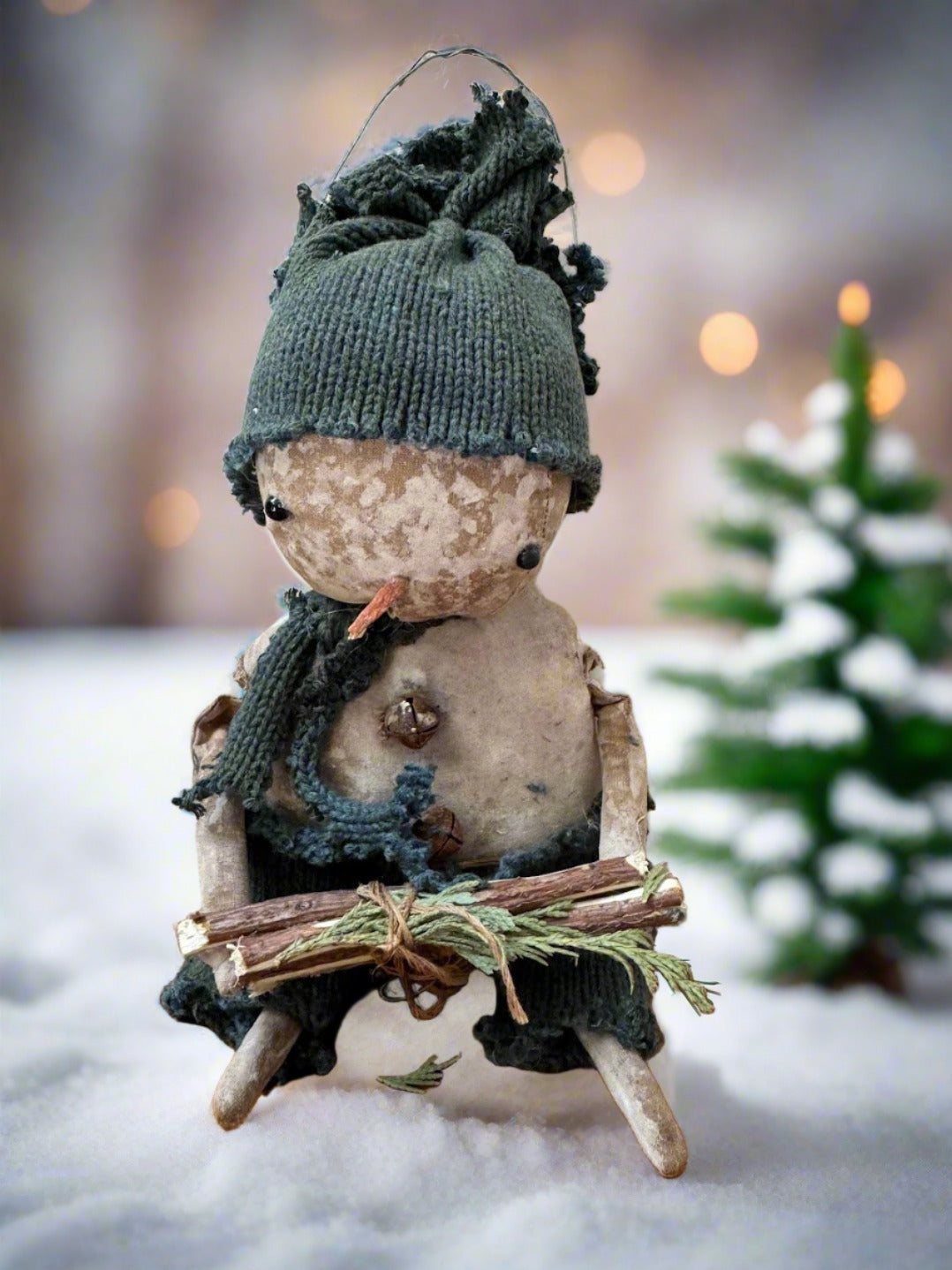 Primitive Handcrafted Herbie Snowman Doll w/ Hat and Greens 10&quot;