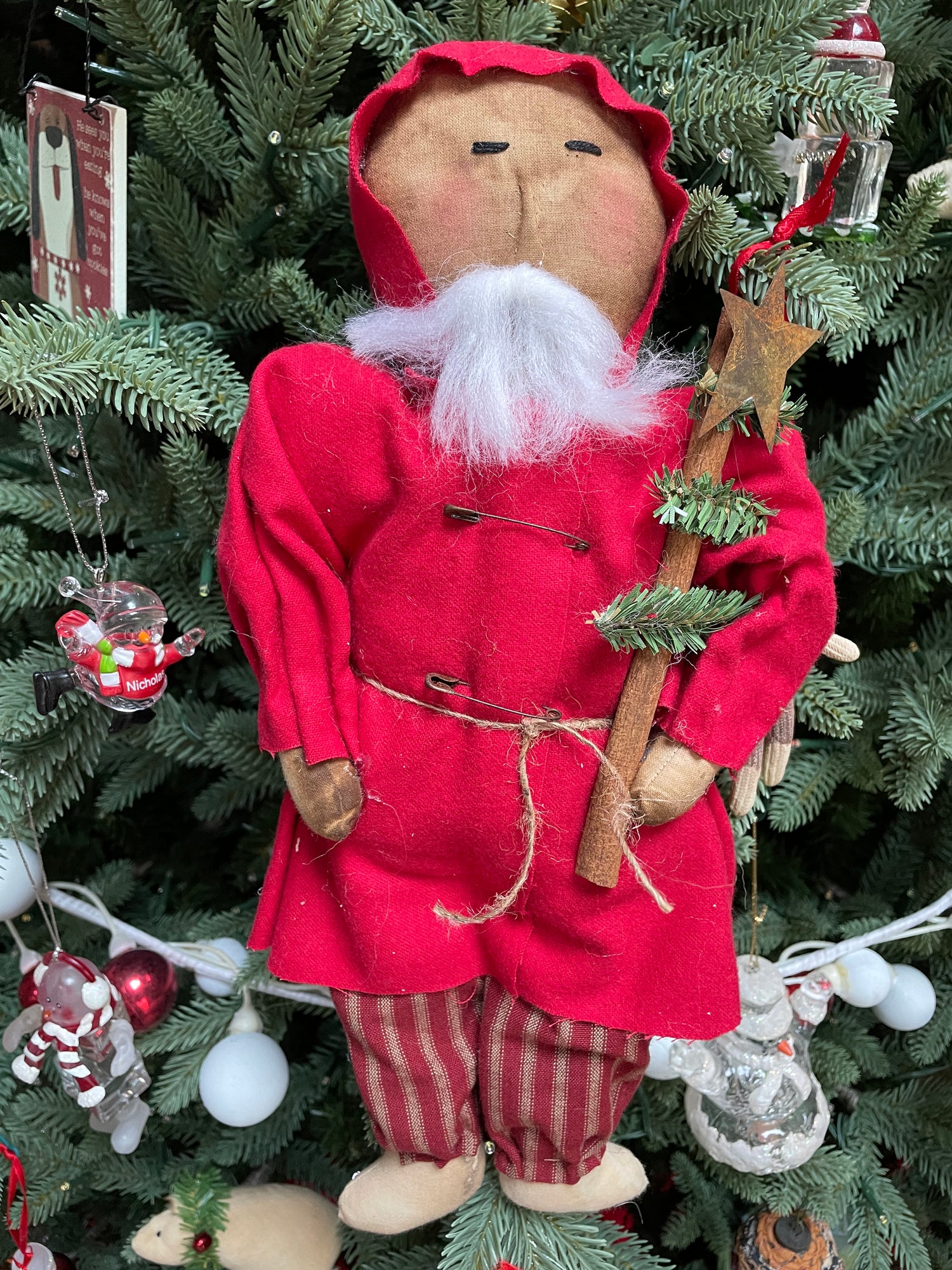 Christmas Handmade 14&quot; Red Ticking Pants Santa Doll w/ Prim Pine Tree