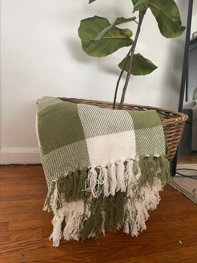 Primitive Farmhouse Buffalo Check Sage Green Afghan Throw 50&quot; x 60&quot;