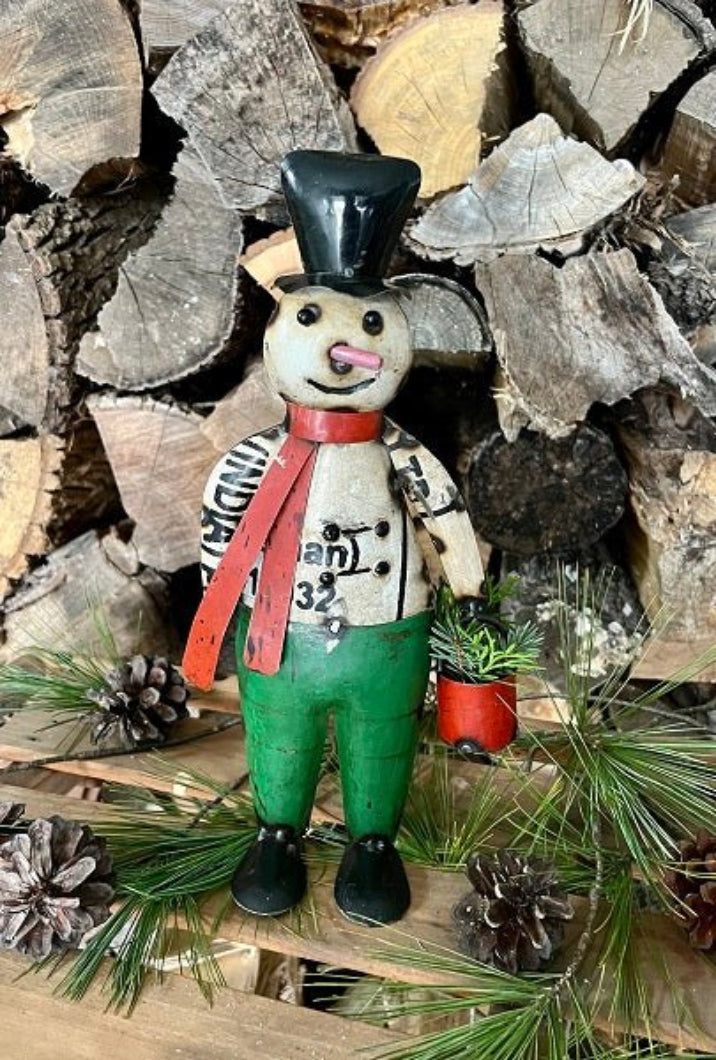 Primitive Christmas 11.50 Recycled Metal Snowman with Red Pail - The Primitive Pineapple Collection