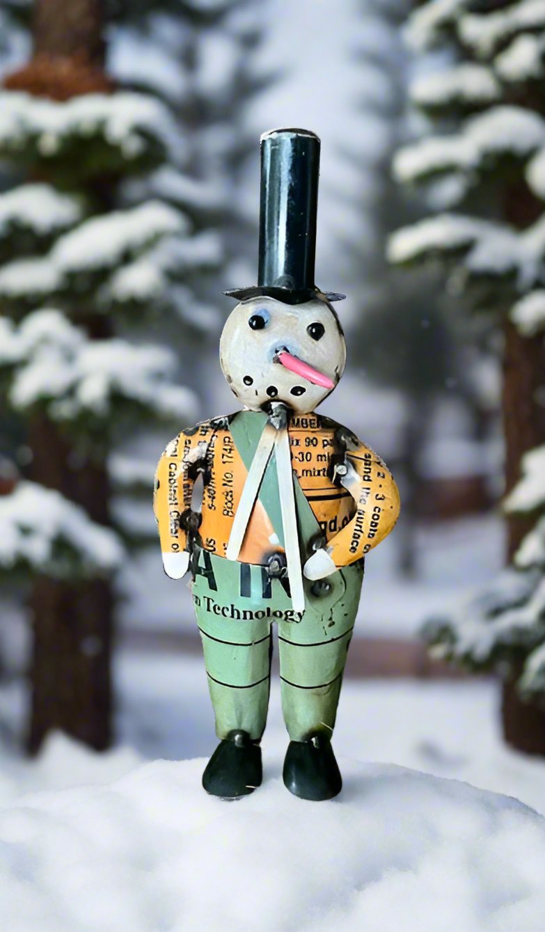 Primitive Christmas 11.75” Recycled Metal Mr Frost Snowman with Top Hat