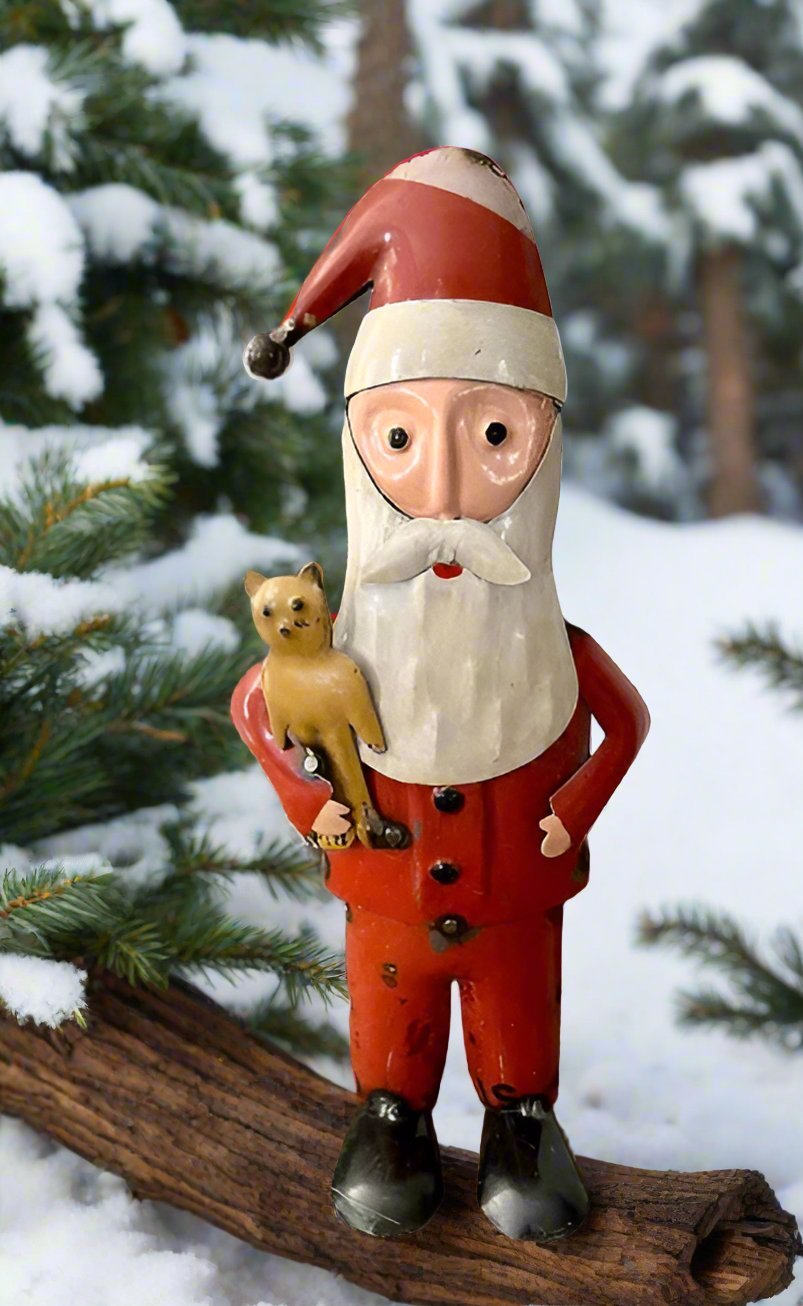Primitive Christmas 10.25” Recycled Metal Mr Santa Claus w/ Teddy Bear Figurine - The Primitive Pineapple Collection