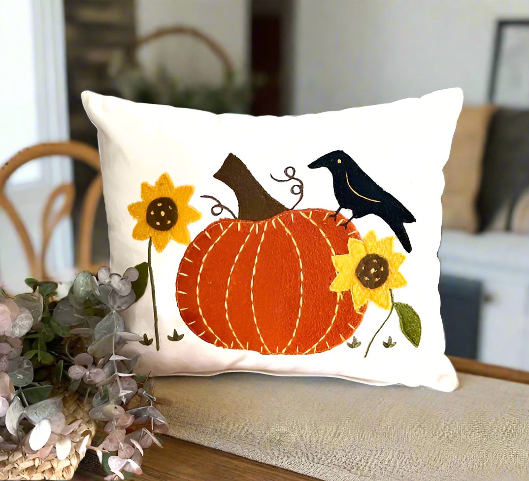 Primitive Fall Halloween 9” x 11’ Pumpkin w/ Crow and Sunflower Stitched Pillow