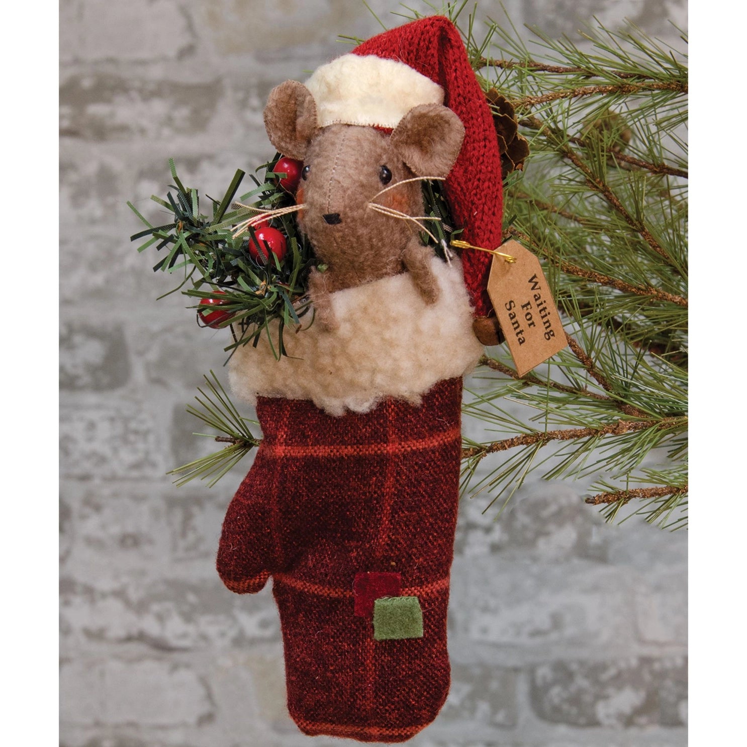 Primitive Christmas Mouse Doll in Plaid Mitten w/ Greens 8”