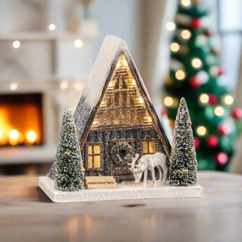 Ragon House Christmas Putz Style Light Up 8.75” Snowy A Frame Cabin w/ Deer