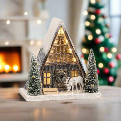 Ragon House Christmas Putz Style Light Up 8.75” Snowy A Frame Cabin w/ Deer