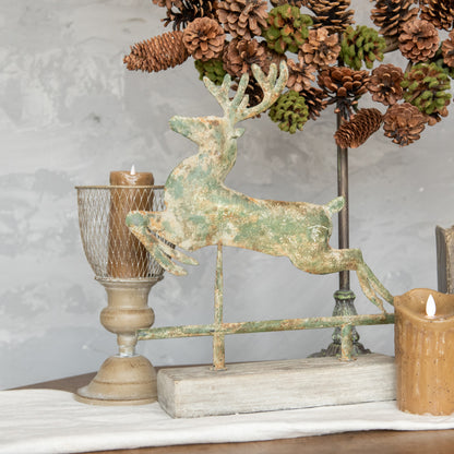 Primitive Ragon House Christmas Distressed Metal 15” Leaping Deer On Faux Wood Stand