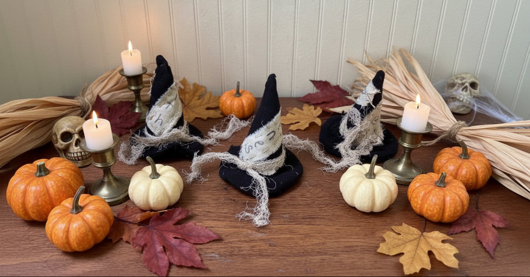Fall Halloween Handcrafted 3 pc 4"Cinnamon Dusted Witch Hats Bowl Filler