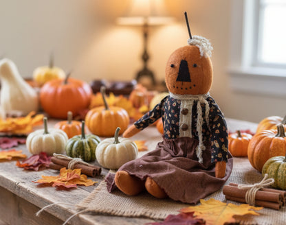 Primitive Fall Halloween Handcrafted 16" Libby Pumpkin Girl Doll