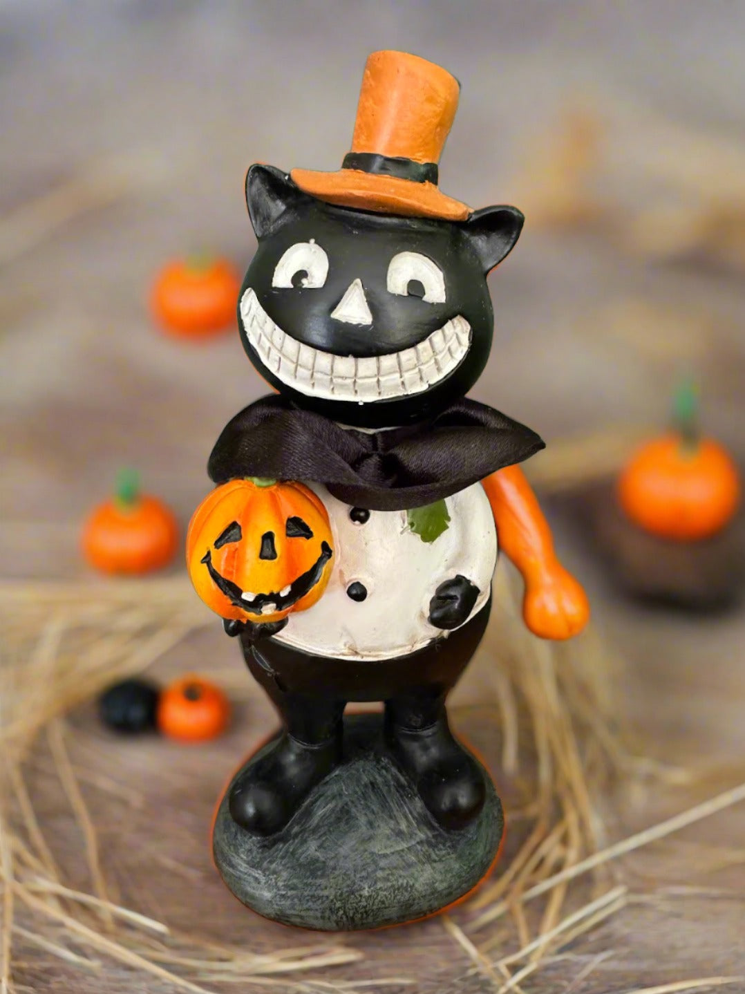 Halloween Folk Art Grinning Black Cat with Jack O Lantern Figurine 6&quot;