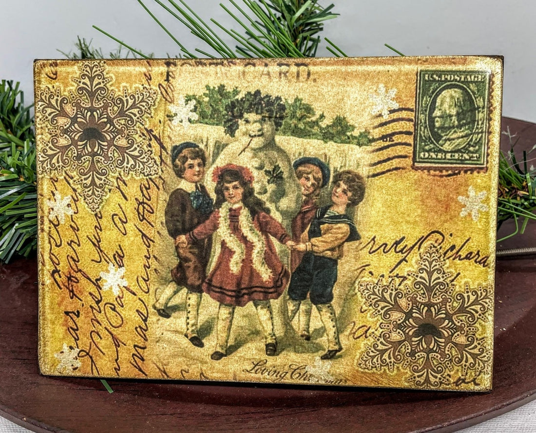 Christmas Handmade Vintage Postcard 5”x7 Canvas Plaque Holly Snowman w/ Kids - The Primitive Pineapple Collection