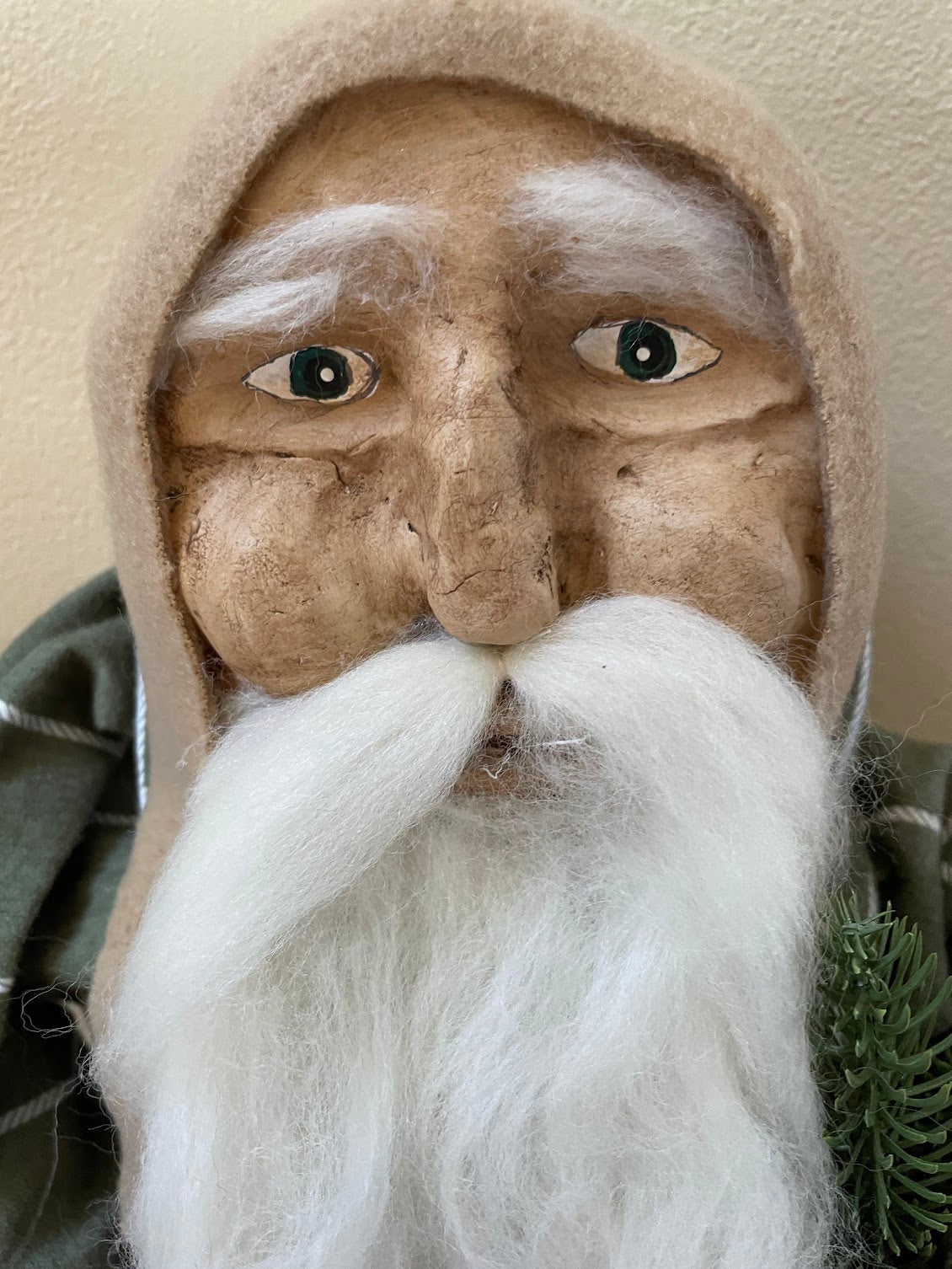 Primitive Hand Sculpted Clay Face Santa Green Plaid Stump Doll