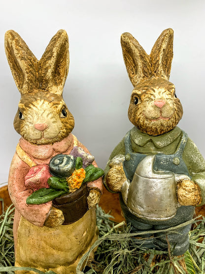 Farmhouse/Country Spring Easter 2 pc Bunny Rabbits in Garden 7.75&quot;