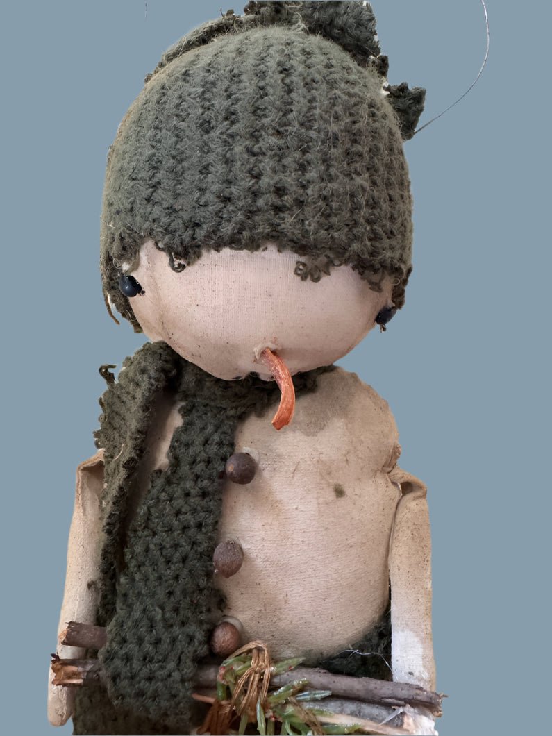 Primitive Handcrafted Green Scarf Snowman Doll w/ Hat and Greens 10&quot; - The Primitive Pineapple Collection
