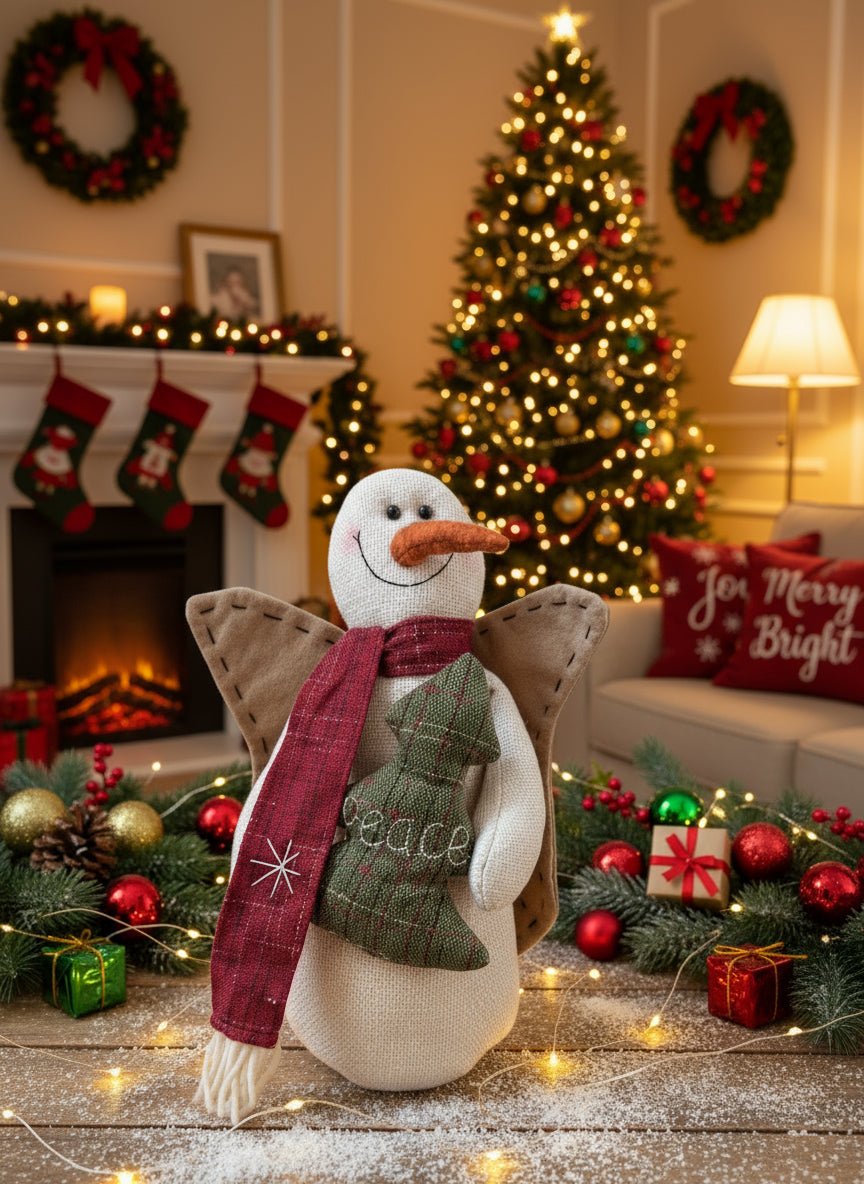 Primitive Christmas 13&quot; Rustic Snowman Angel Doll w/ Peace Tree Pillow - The Primitive Pineapple Collection