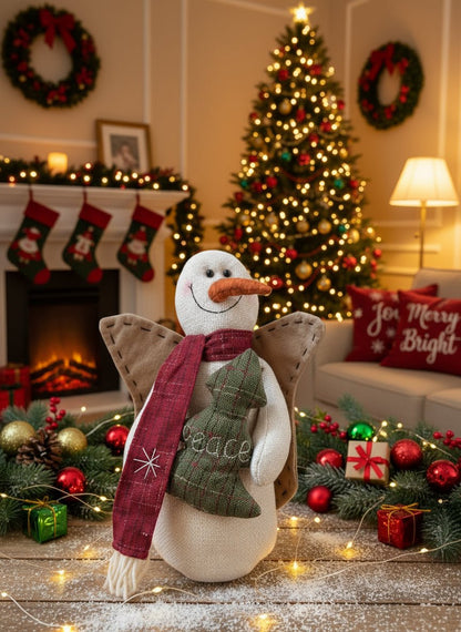 Primitive Christmas 13&quot; Rustic Snowman Angel Doll w/ Peace Tree Pillow - The Primitive Pineapple Collection