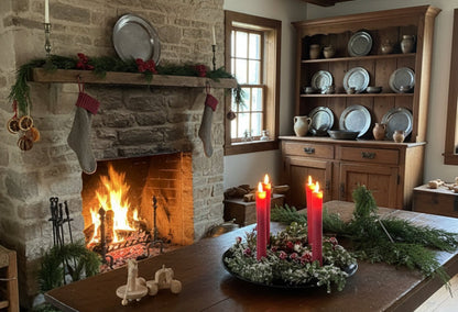 Primitive Christmas Rustic Black Metal 4 Taper Candle Holder Tray with Wreath Set - The Primitive Pineapple Collection