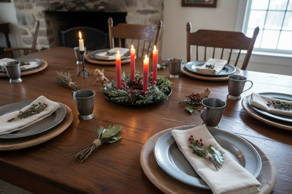 Primitive Christmas Rustic Black Metal 4 Taper Candle Holder Tray with Wreath Set - The Primitive Pineapple Collection