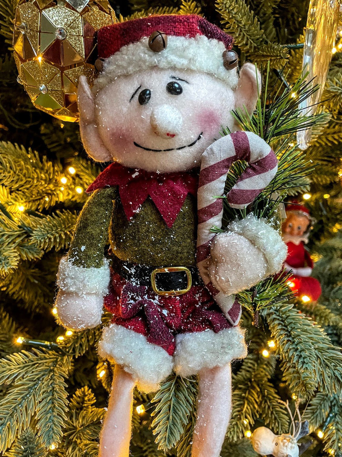 Primitive Christmas Elf with Candy Cane Doll 13.5" L - The Primitive Pineapple Collection