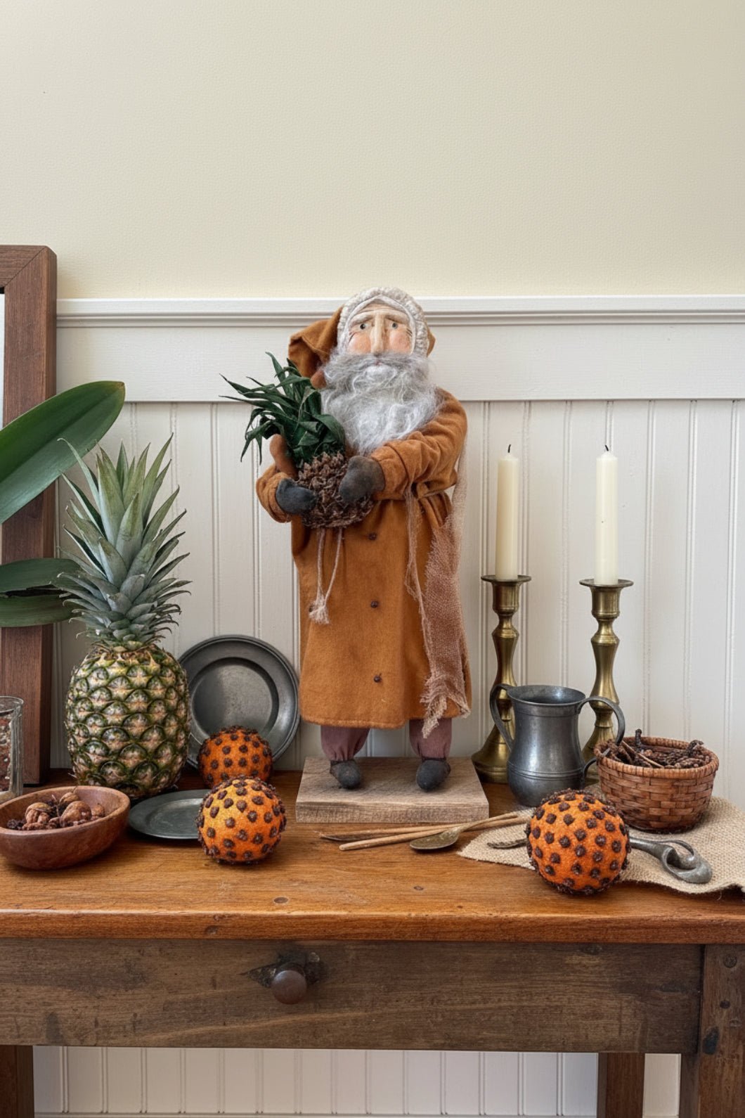 Handcrafted by Michelle Hand Sculpted Clay Face Mustard Santa w/ Colonial Pineapple 20" - The Primitive Pineapple Collection