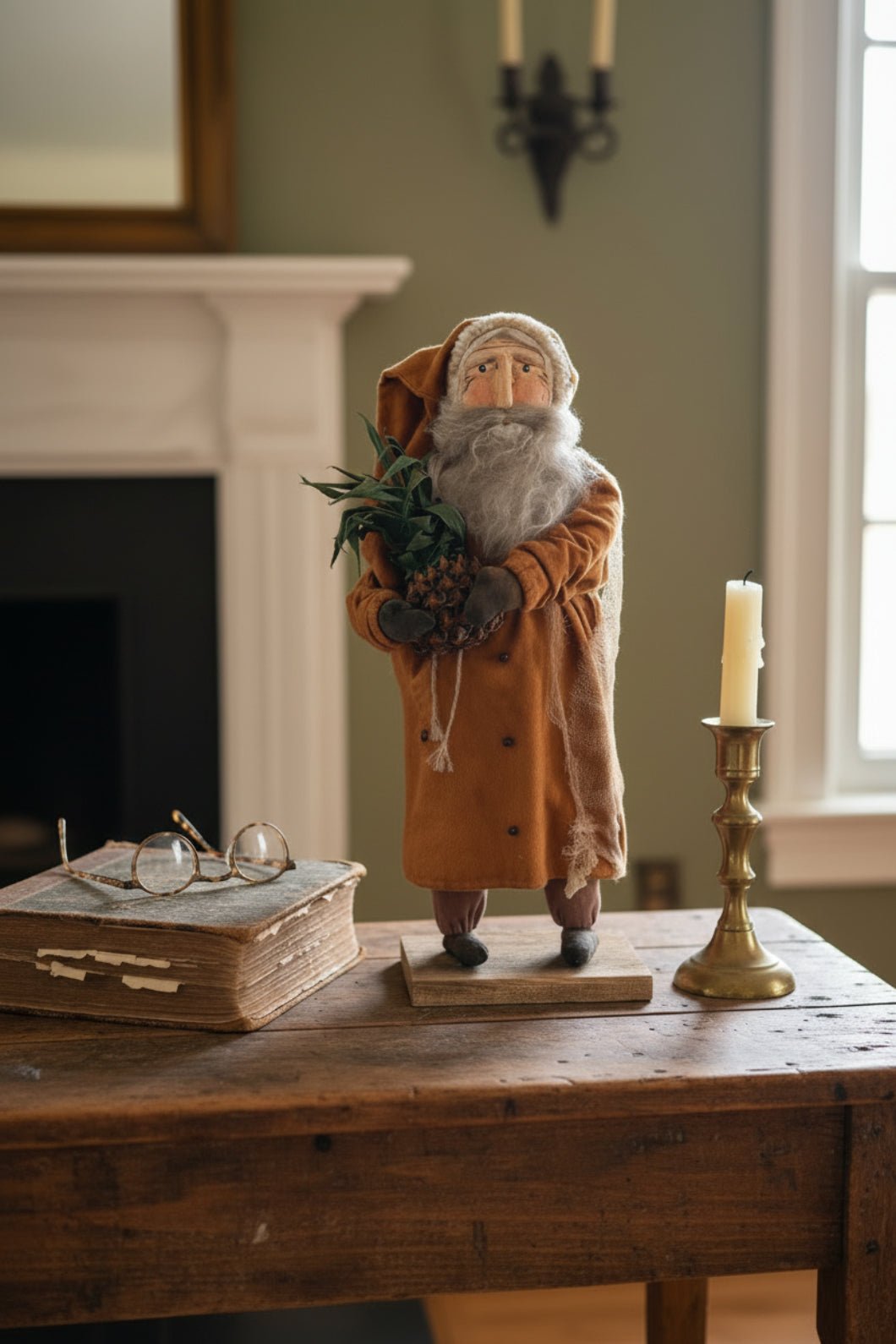 Handcrafted by Michelle Hand Sculpted Clay Face Mustard Santa w/ Colonial Pineapple 20" - The Primitive Pineapple Collection