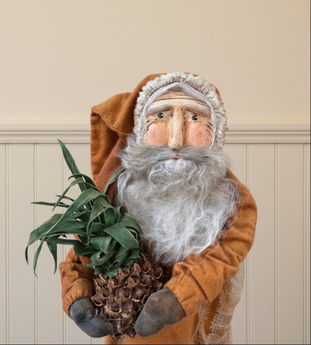 Handcrafted by Michelle Hand Sculpted Clay Face Mustard Santa w/ Colonial Pineapple 20" - The Primitive Pineapple Collection