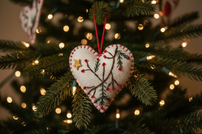Primitive Christmas Handcrafted Felt 3”White Heart with Pine Ornament