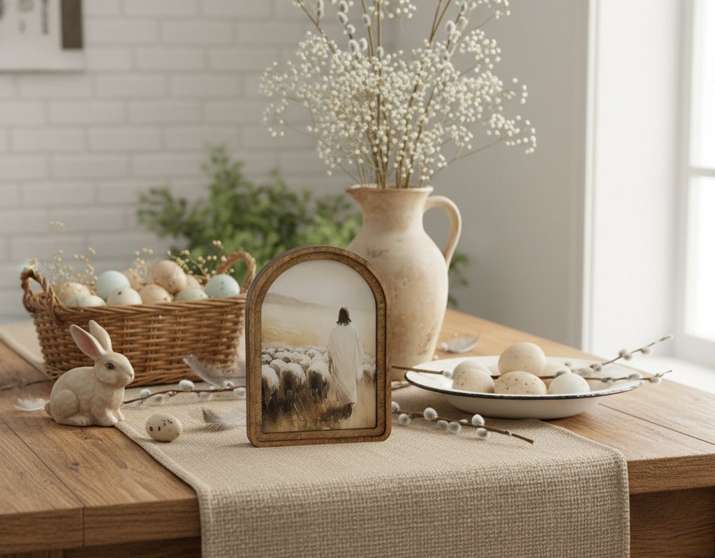 Handcrafted Spring Easter Retro 8" Canvas on Wood Jesus w/ Flock of Sheep Framed Art - The Primitive Pineapple Collection