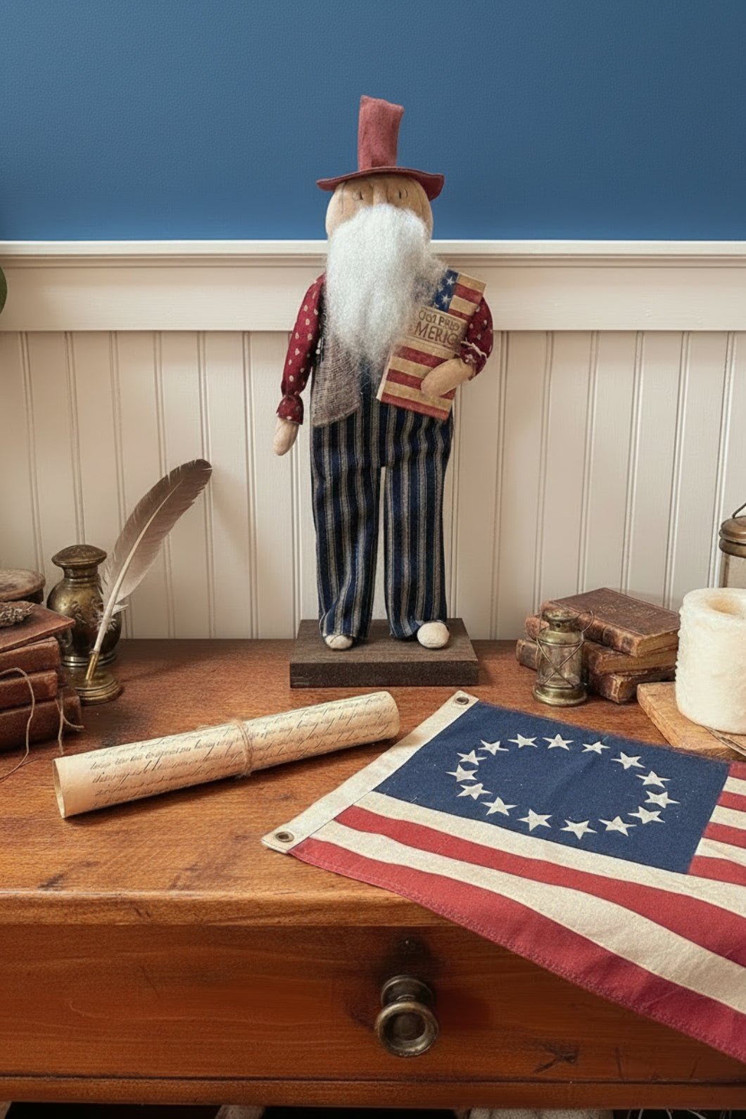 Handmade Primitive Uncle Sam Folk Art Doll - 16" Patriotic Americana Decor - The Primitive Pineapple Collection