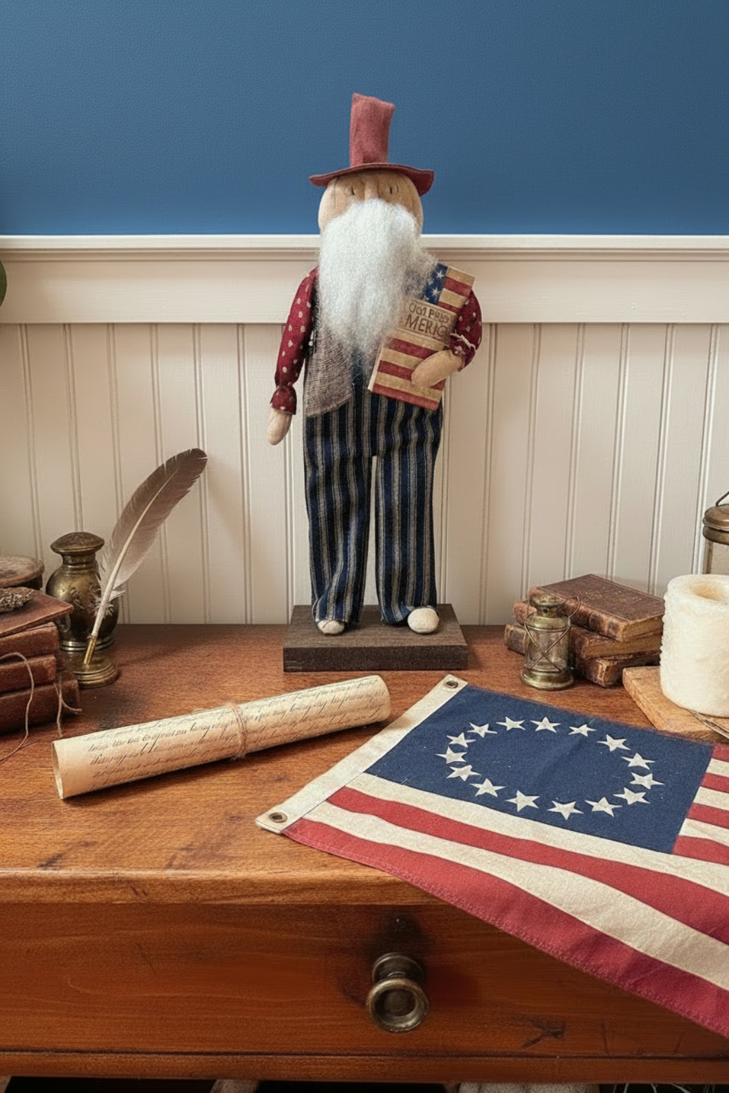 Handmade Primitive Uncle Sam Folk Art Doll - 16" Patriotic Americana Decor