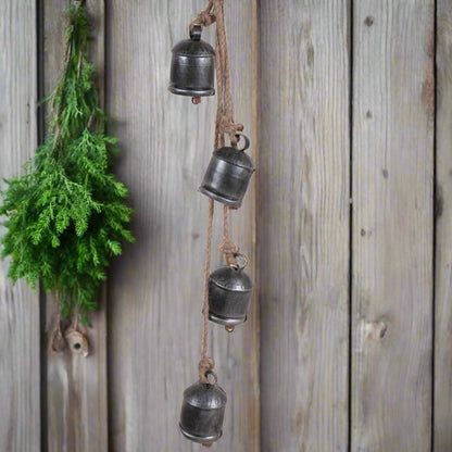 Primitive Rustic Hanging Cow Bell Set in Antique Silver 30&quot; L - The Primitive Pineapple Collection