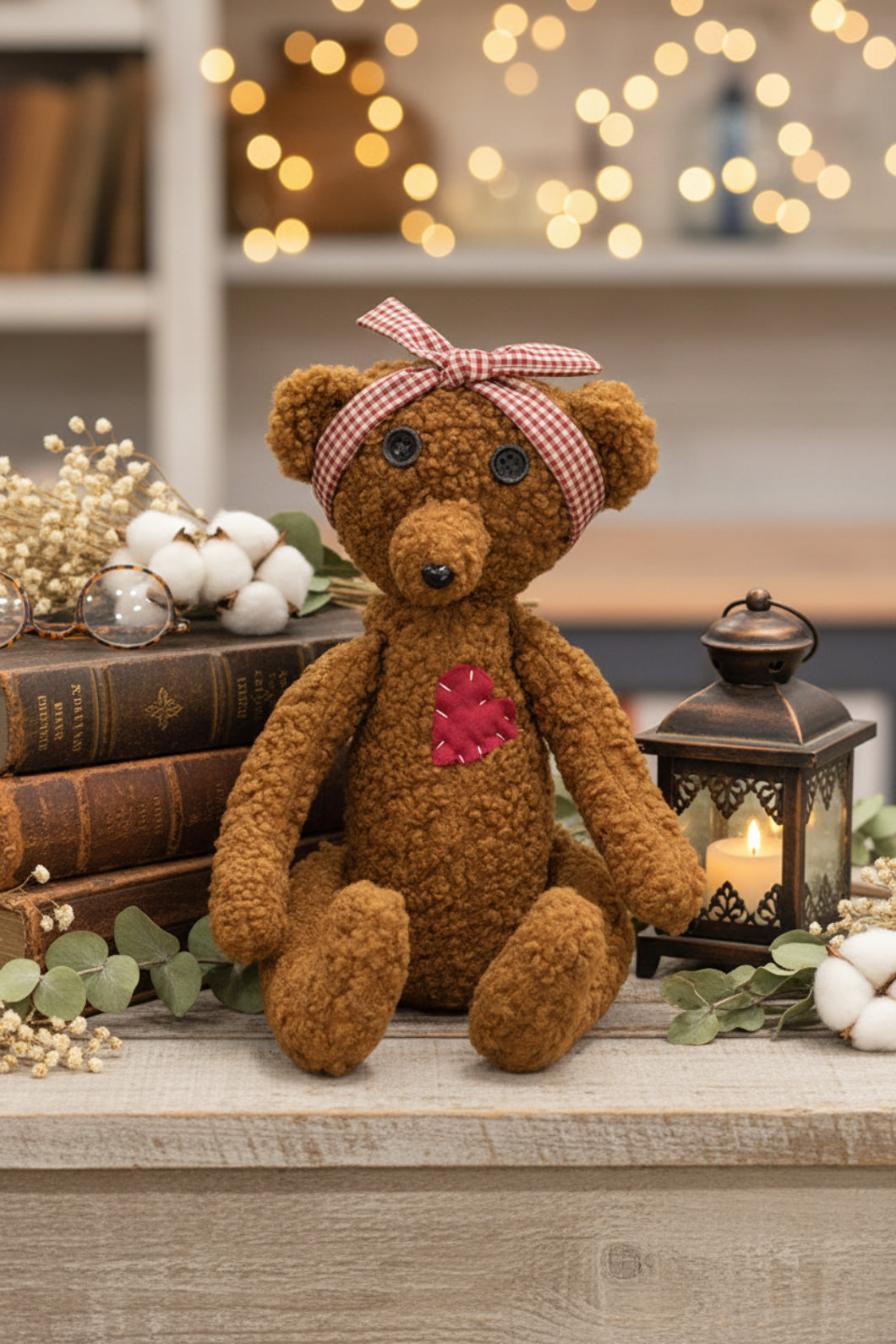 Primitive Button Eye 16" Stuffed Heart Patch Teddy Bear with Gingham Bow