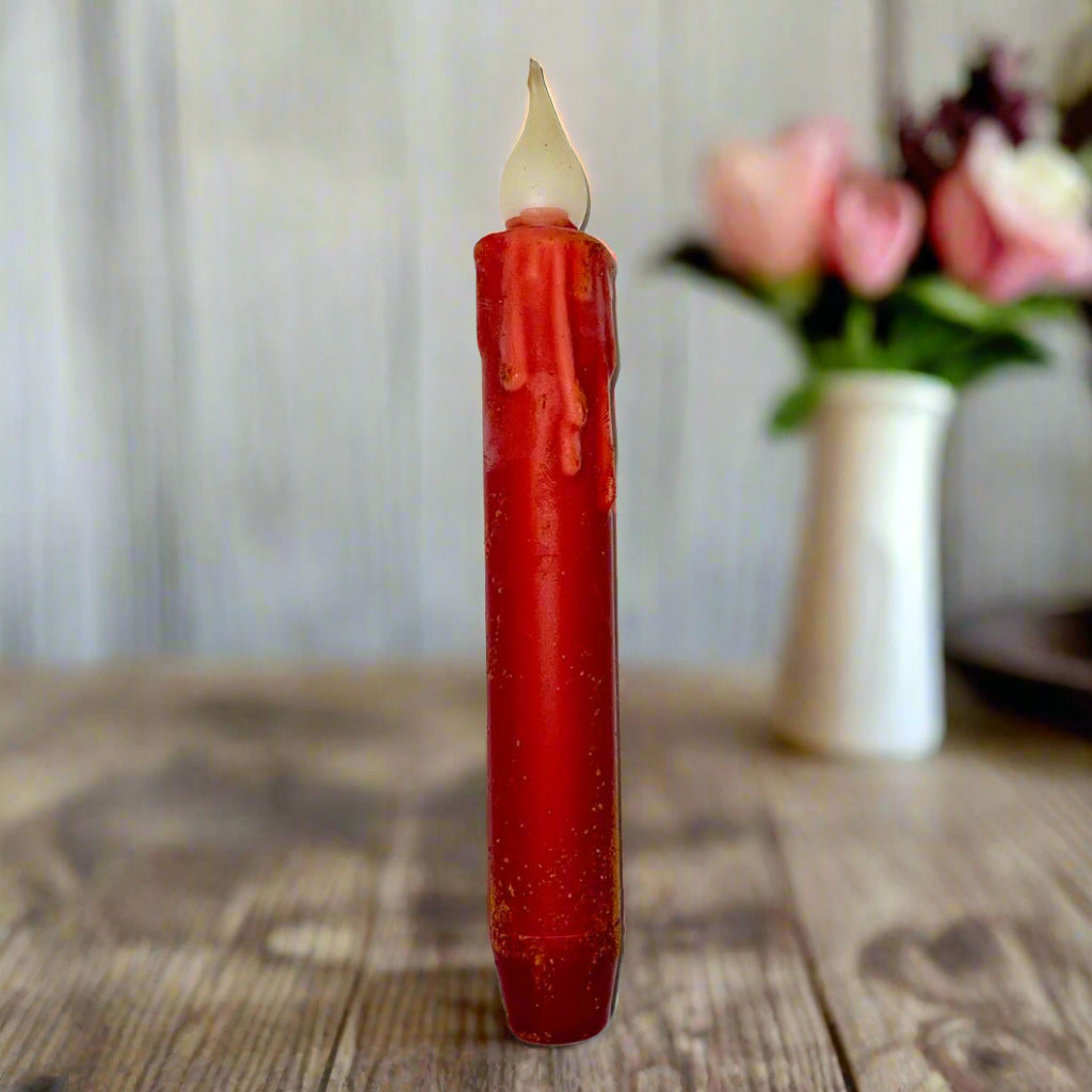 Primitive/Country Red 7&quot; Battery Operated Flameless Taper Candle W/ Timer