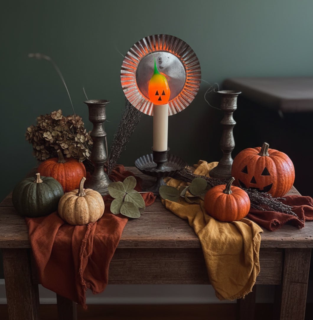 Vickie Jean Pumpkin Face Halloween Light Bulb – Silicone Dipped 4-Watt Candelabra Base - The Primitive Pineapple Collection