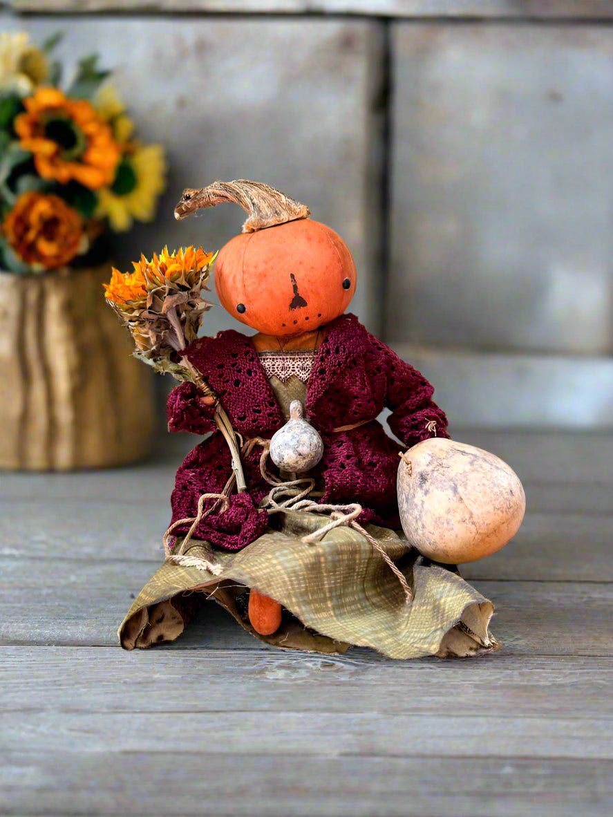 Primitive Handcrafted Pumpkin Doll Jenny w/ Gourd 12&quot; - The Primitive Pineapple Collection