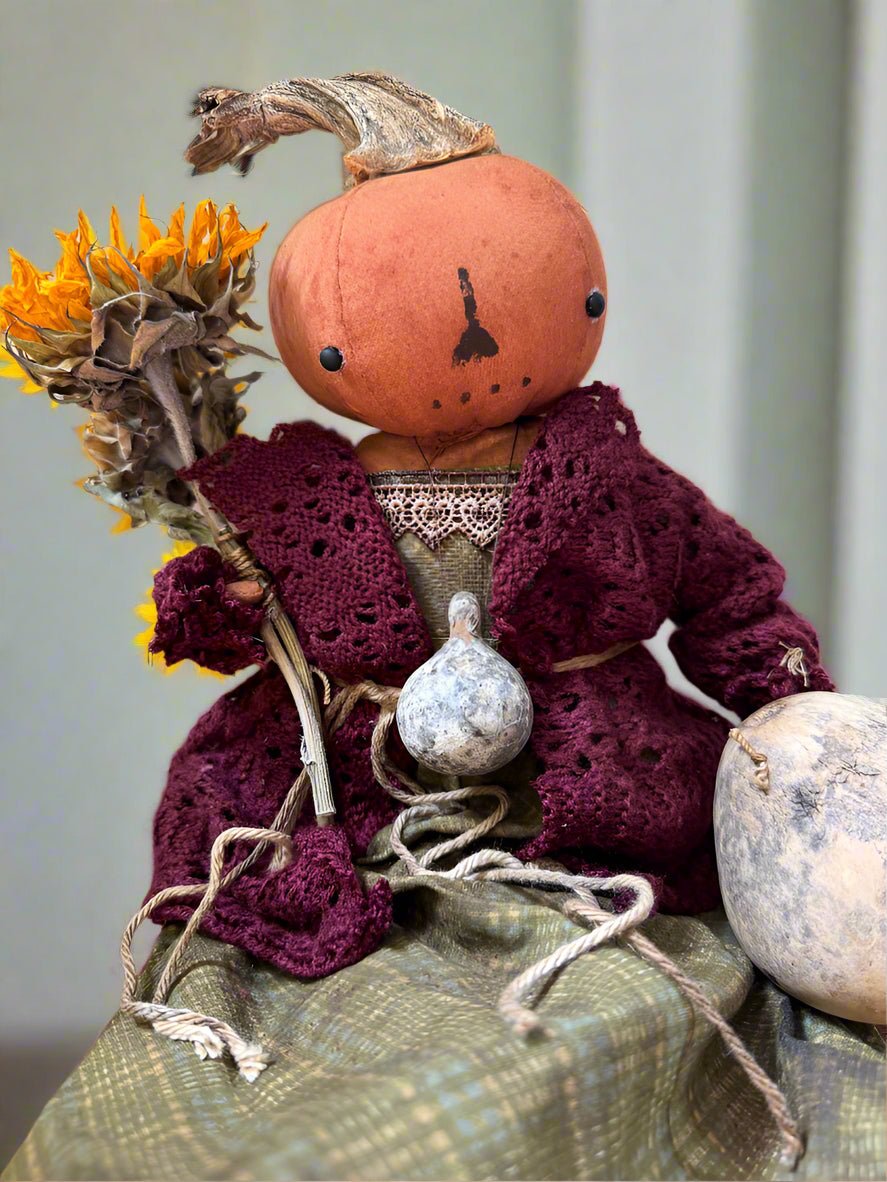 Primitive Handcrafted Pumpkin Doll Jenny w/ Gourd 12&quot; - The Primitive Pineapple Collection