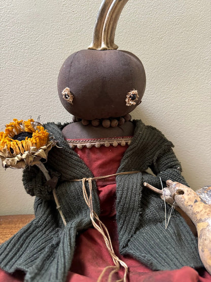 Primitive Handcrafted Pumpkin Doll Jenny w/ Gourd and Sunflower 12&quot;