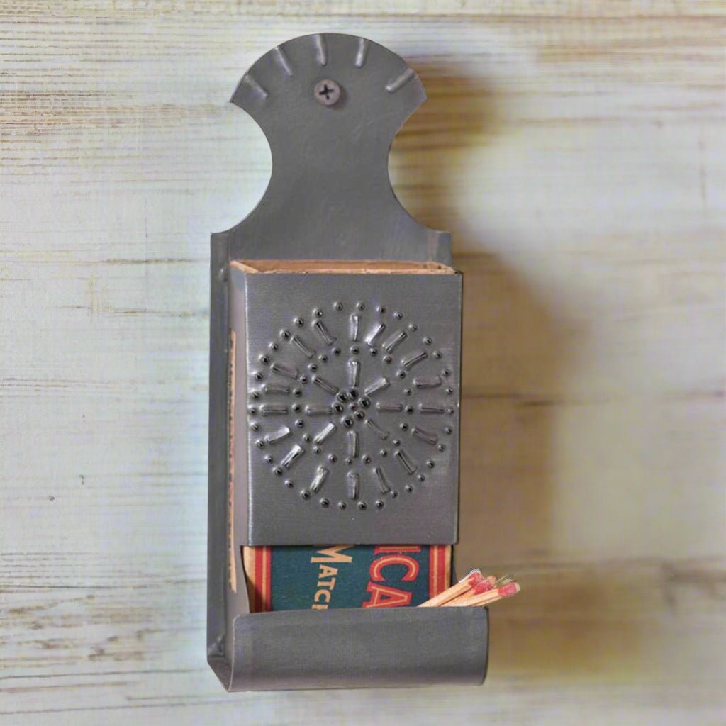 Primitive Colonial Wall Decor Antique Tin Punched Tin Matchbox Holder 8" - The Primitive Pineapple Collection
