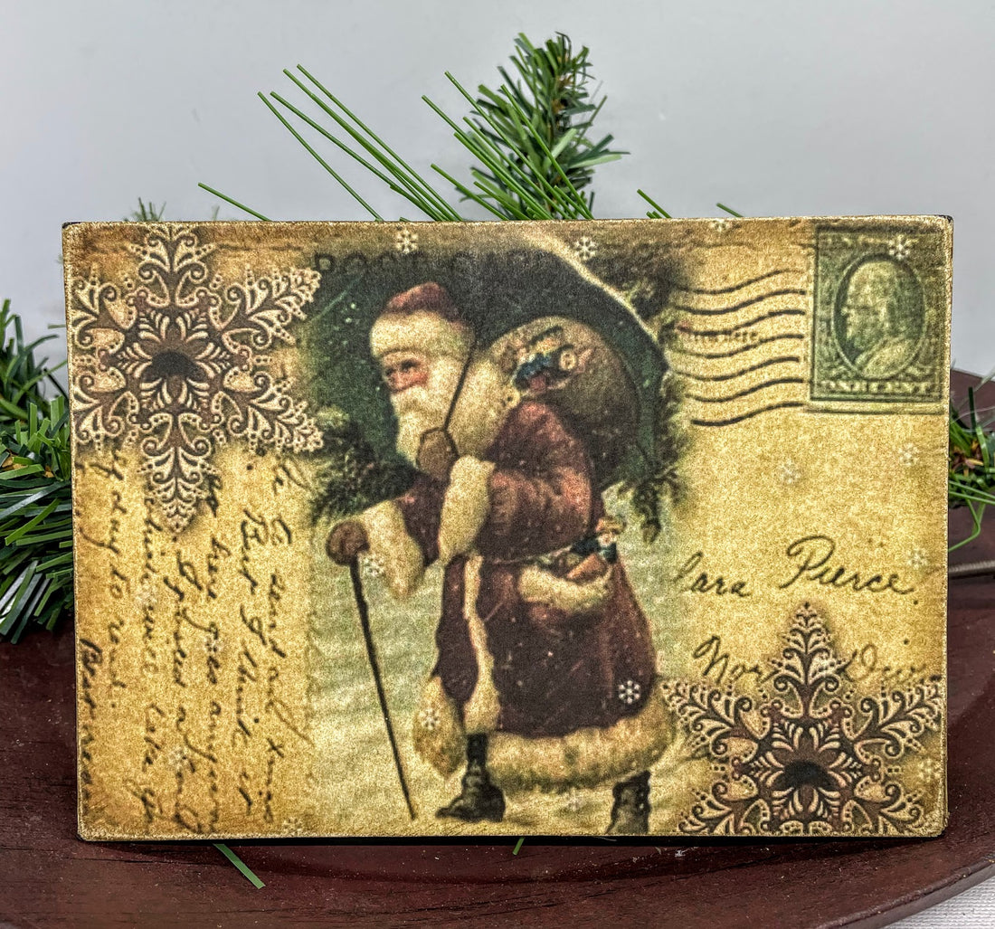 Christmas Handmade Vintage Postcard 5”x7 Canvas Plaque Kris Kringle - The Primitive Pineapple Collection